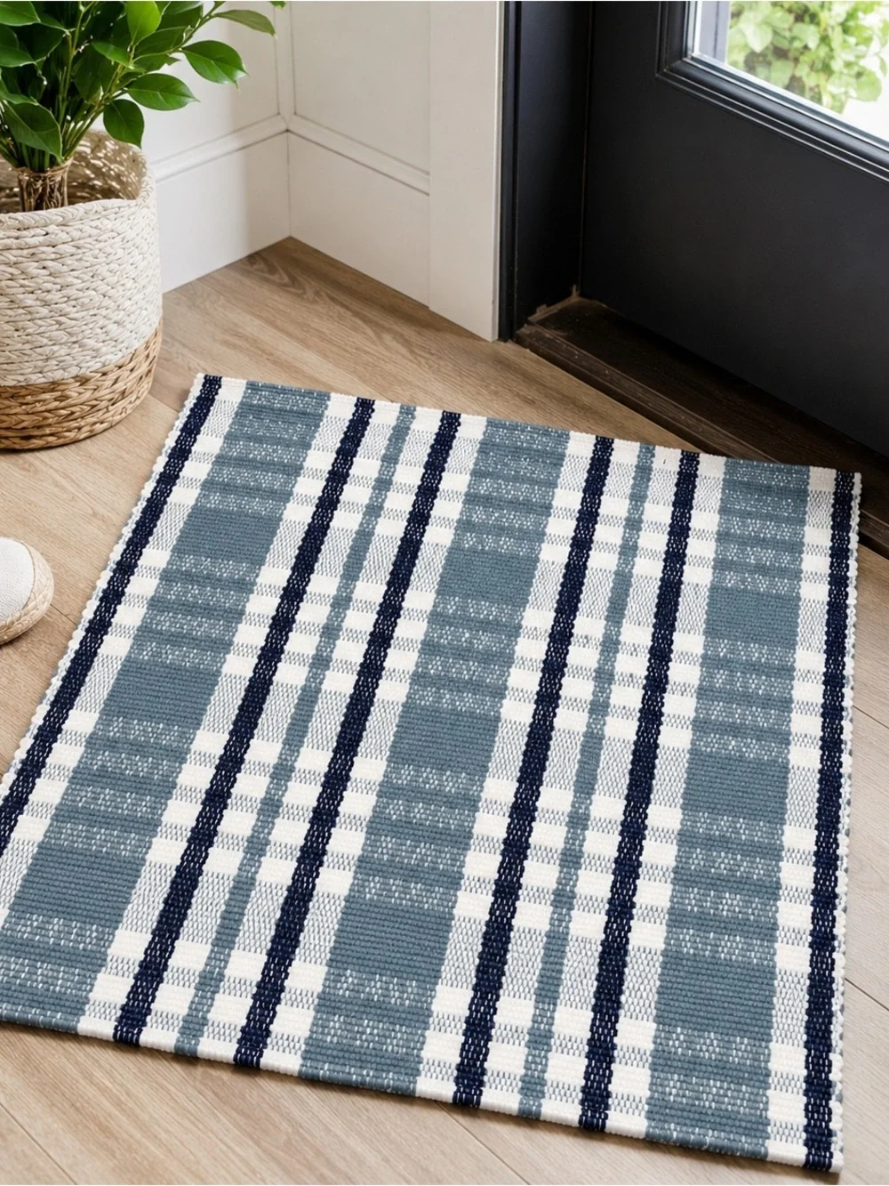 Blue Plaid Indoor Outdoor Woven Layering Rug 24x36 Farmhouse Cottage